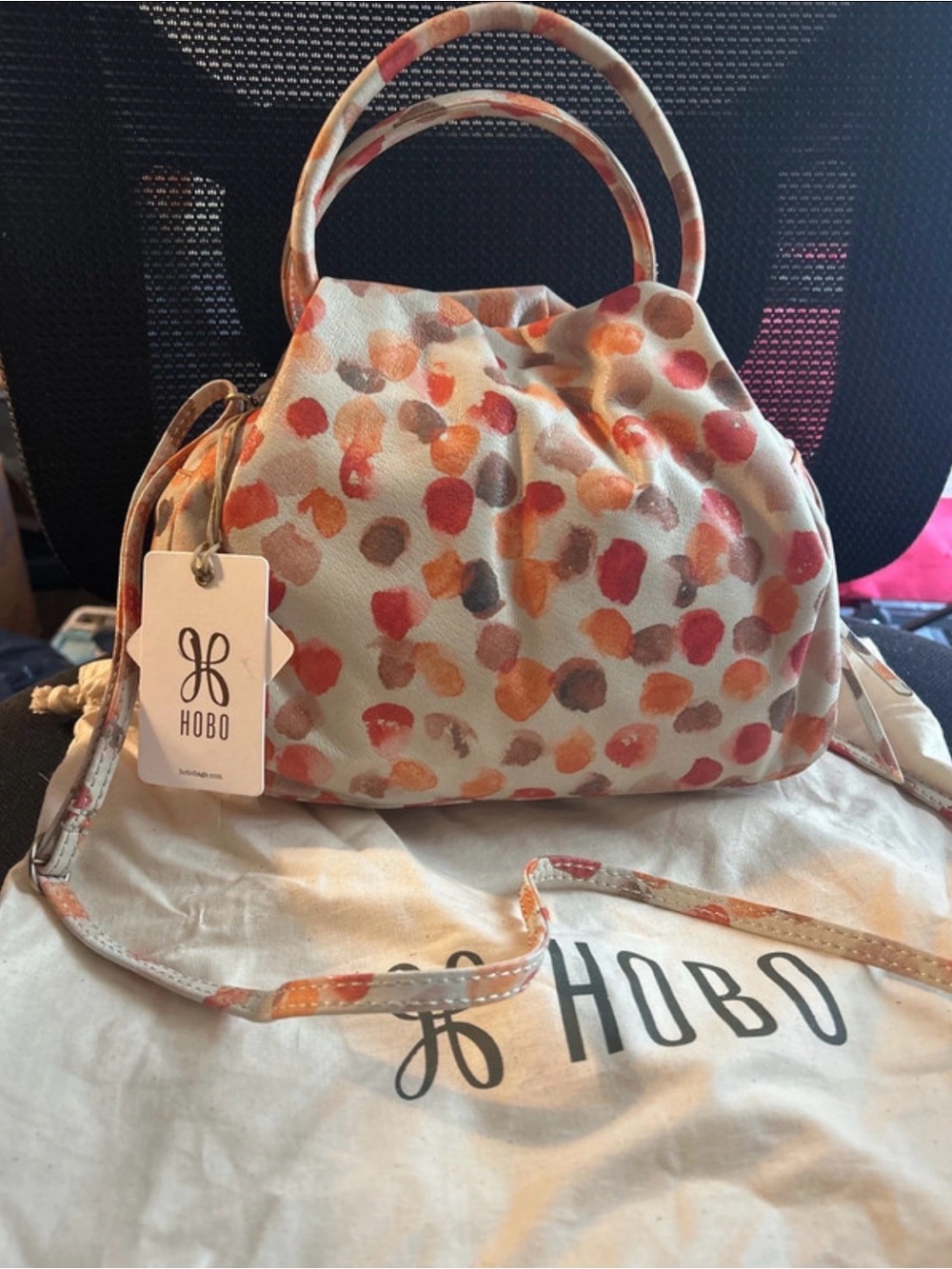HOBO Cream Handbag with Orange, Red and Gray Dot Print
